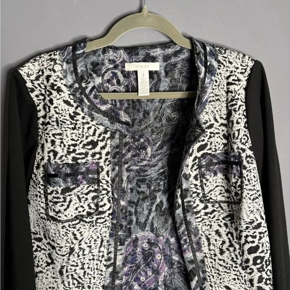 Chico’s Black White Animal Print Blazer w/ Purple Accents Medium
